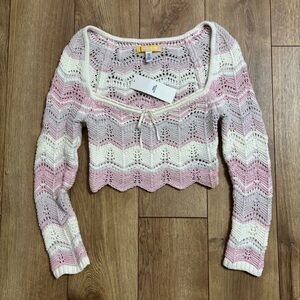 NWT Urban Outfitters Pink & White Crochet Long Sleeve Crop Top Size XS